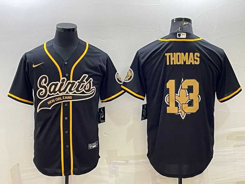 Mens New Orleans Saints #13 Michael Thomas Black Team Big Logo With Patch Cool Base Stitched Baseball Jersey